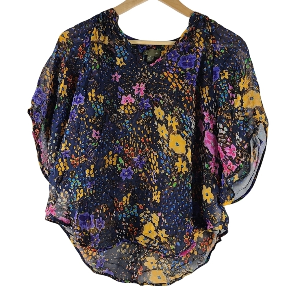 Anthropologie‎ Fei Blooms Eternal Silk Peasant Blouse Sheer sz 0